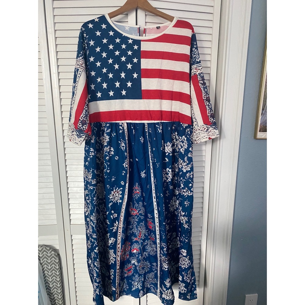 Patriotic American Flag Floral Paisley Maxi Dress 3XL Red White Blue Festive